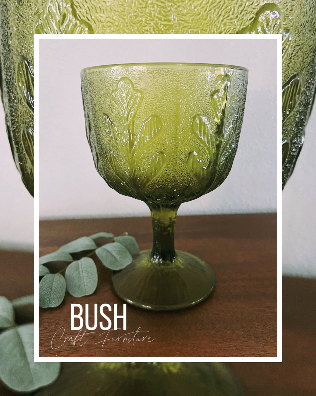 Teleflora Clear Avocado Green Glass Round Gold Leaf Pedestal Vase 1975 Vintage - Bush Craft Furniture